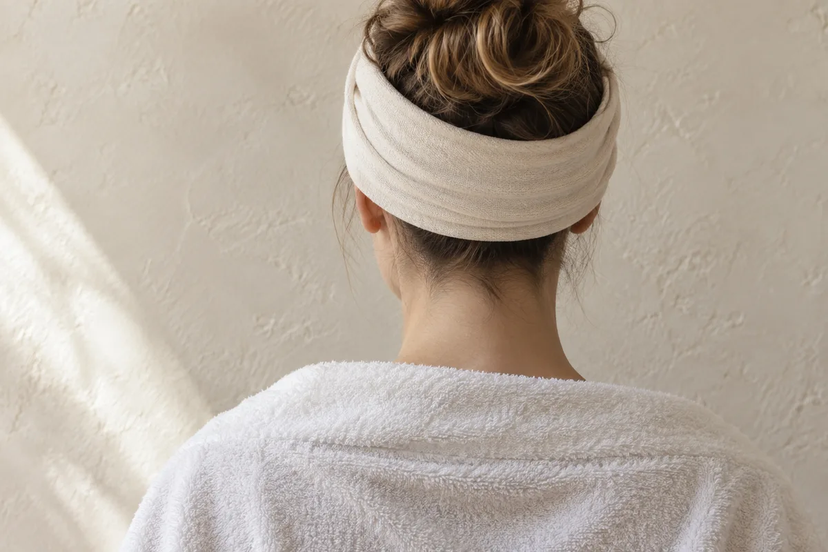 Femme vue de dos, cheveux retenus par un bandeau en tissu, épaules sous une serviette blanche