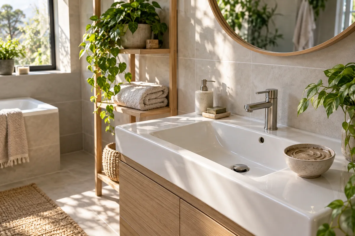 Salle de bain épurée avec un bol de masque, une serviette pliée et une plante verte sur une étagère