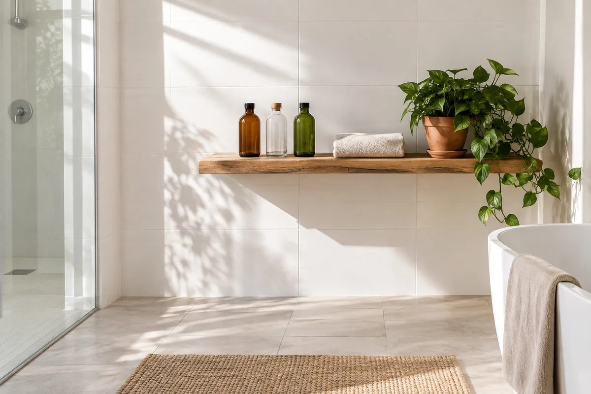 Étagère en bois d’une salle de bain claire avec flacons en verre et serviette pliée