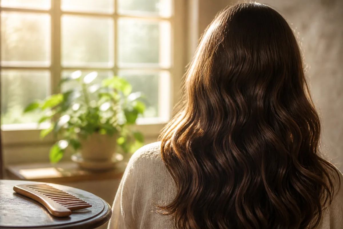 Cheveux brillants au séchage naturel devant une fenêtre, lumière douce du matin